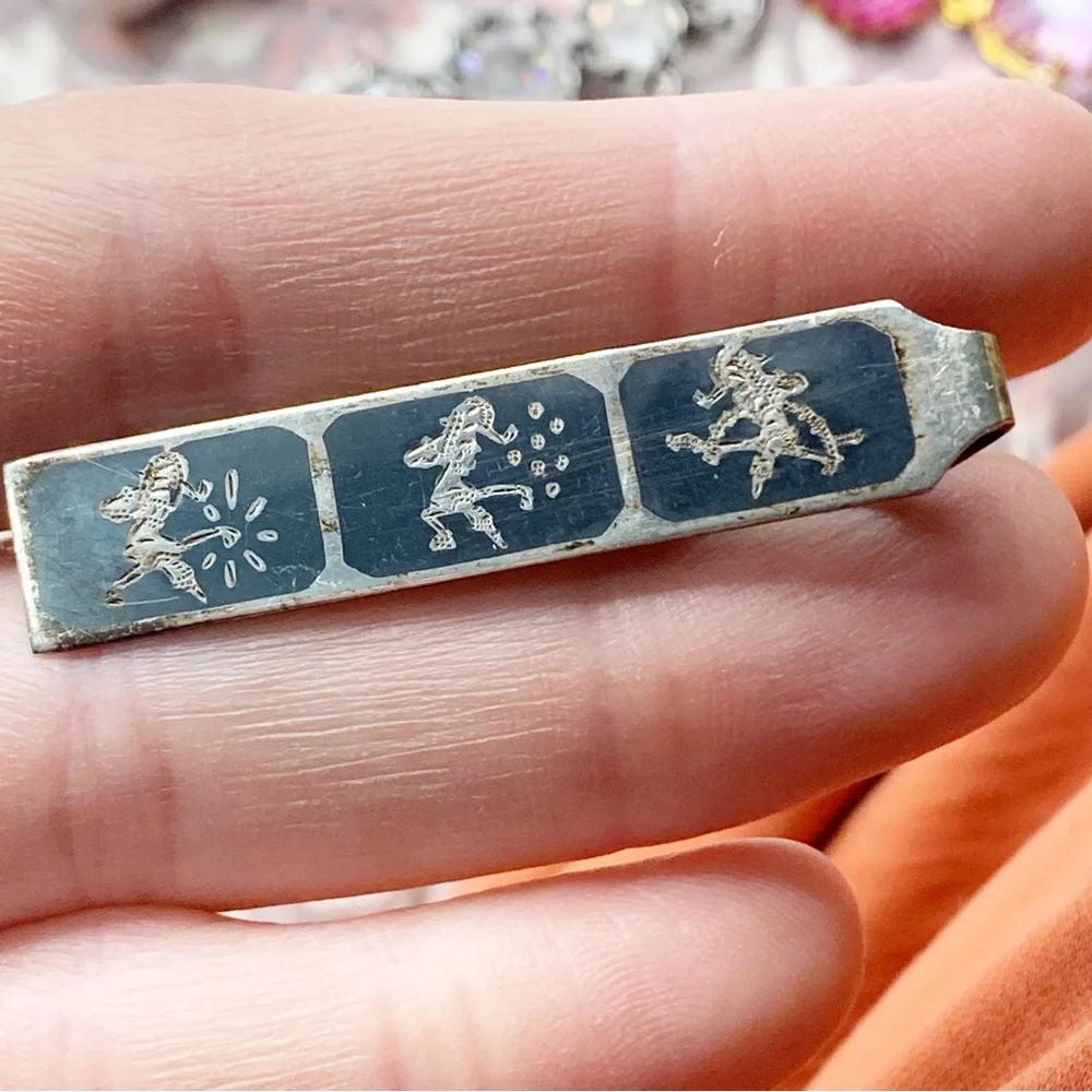 Vintage Siam Sterling silver Asian Niello enamel men’s tie clip
